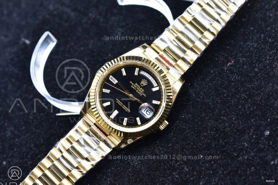 Plated Markers A2836 Crystal 904L Black Dial 40 GMF Bracelet President On YG DayDate Steel V2 0123